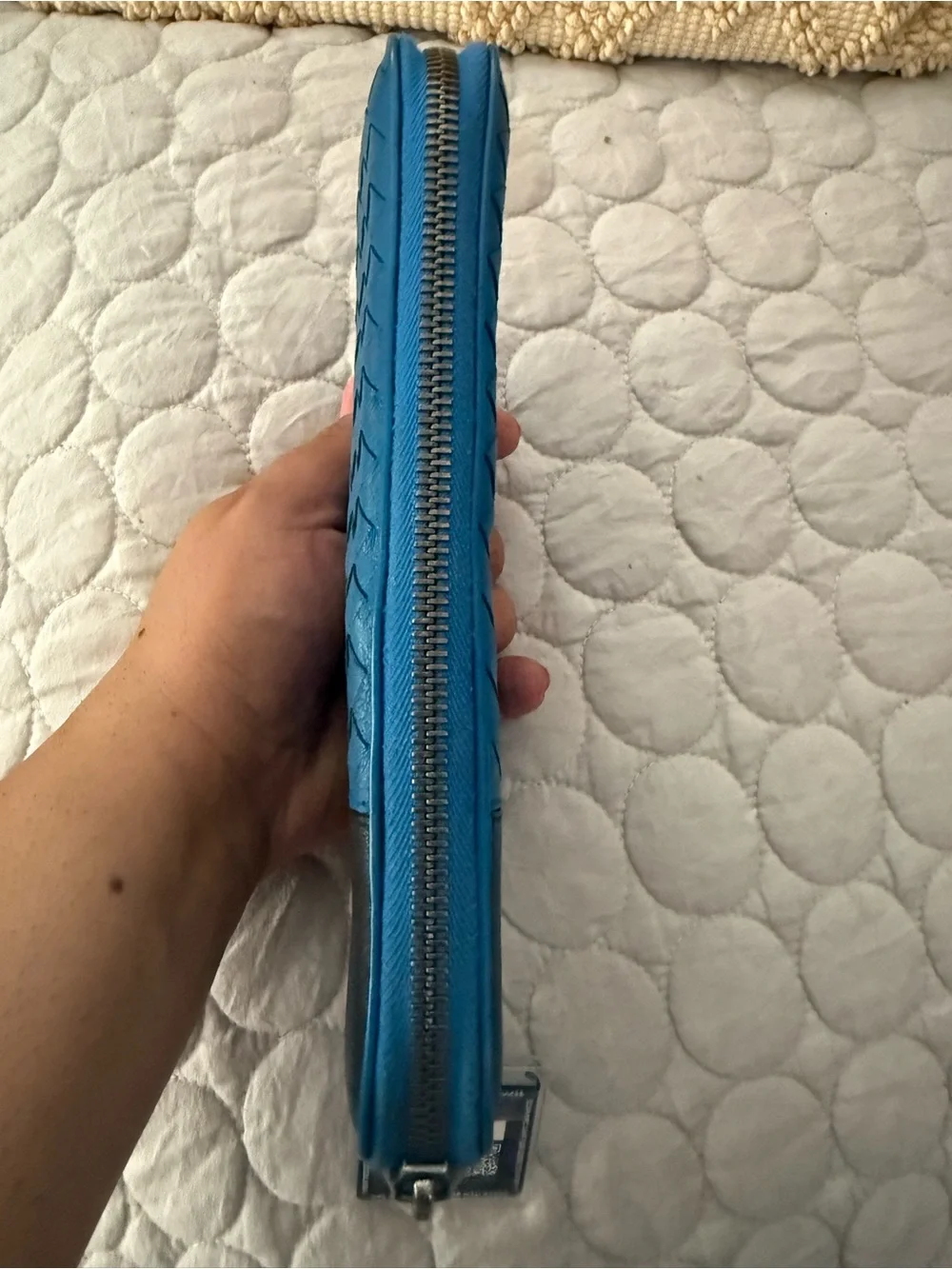Bottega Veneta Blue and Black Woven Zip Wallet